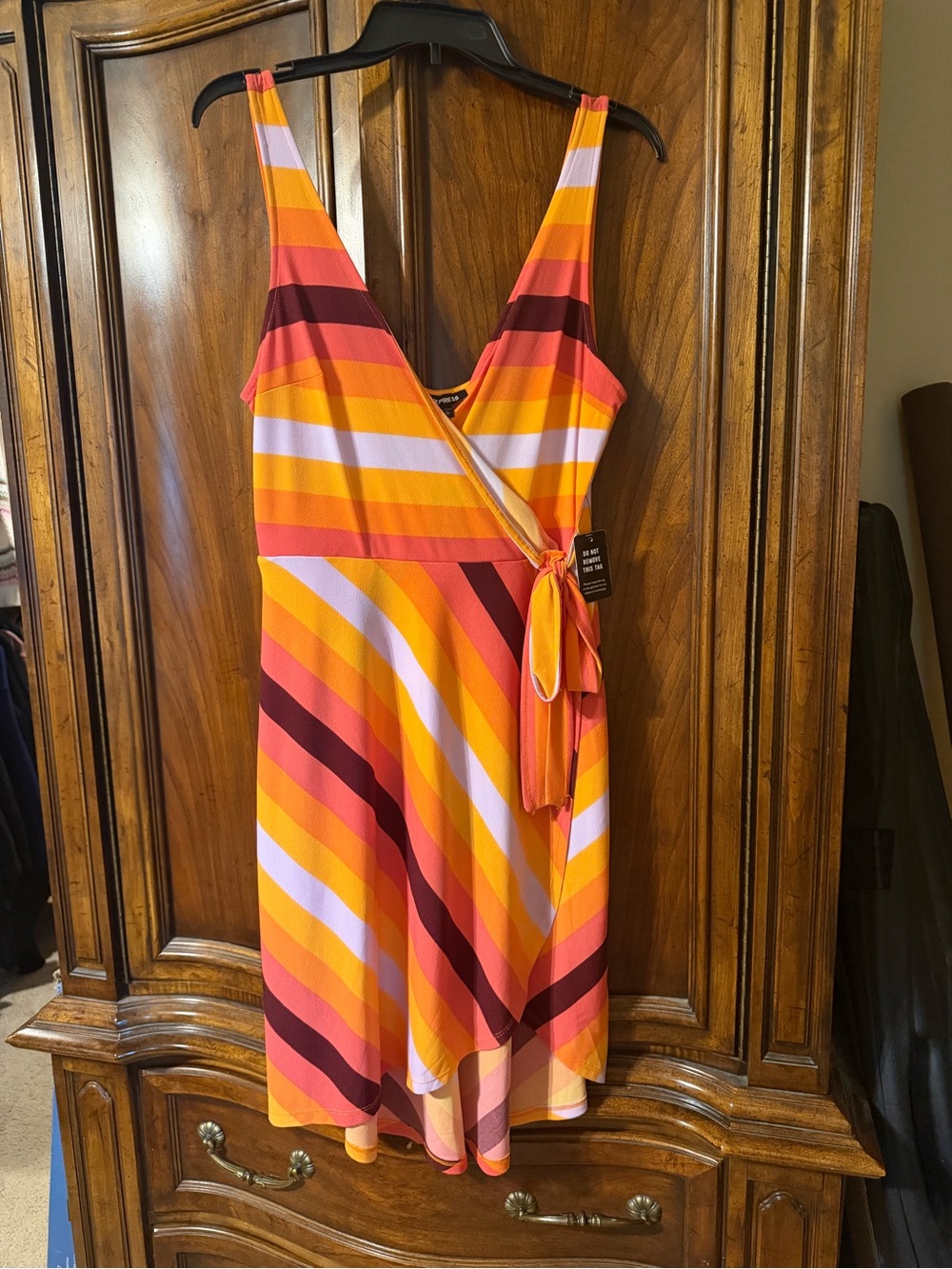 Express Asymmetrical Wrap Dress in Orange, Pink, Burgundy and Cream